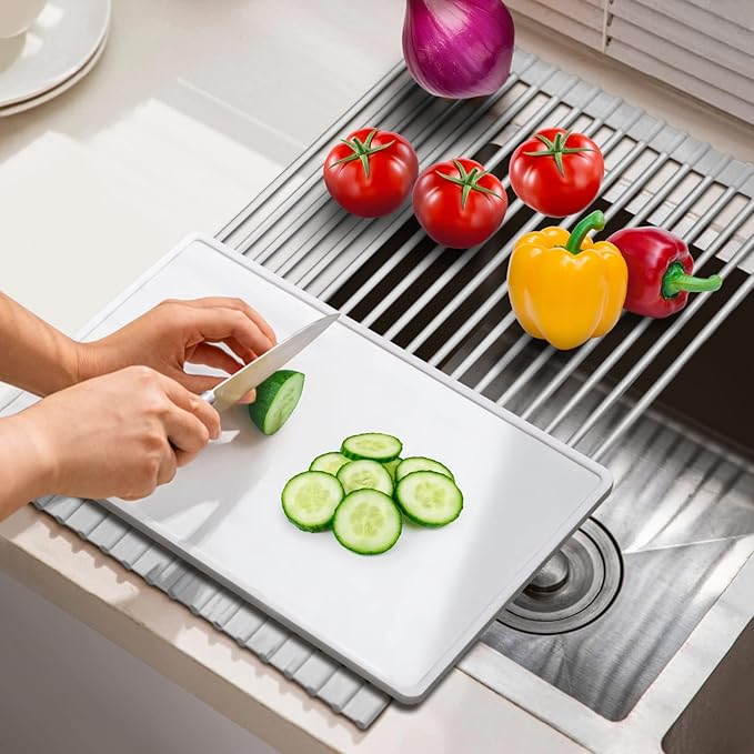 HANZENMA Roll Up Dish Drying Rack Over The Sink Kitchen Roll Up Sink Drying Rack Multipurpose Foldable Sink Drying Mat, Heat-Resistant, Anti-Slip & Anti-Rust Dish Rack for Kitchen, 17" x 13", Grey
