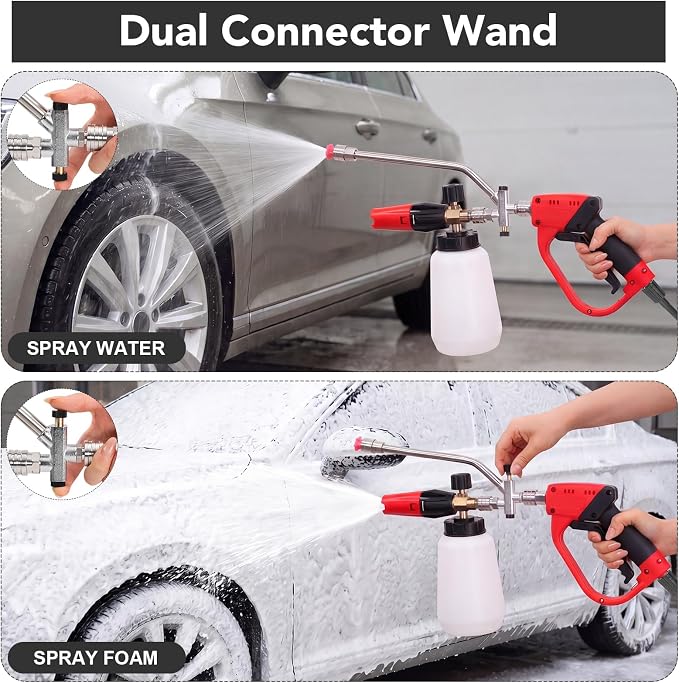 Foam Cannon for Pressure Washer, 5000 Psi, 1L, 6 Nozzles | 2-In-1 Foam And Rinse, Dual Connector, Adjustable Foam Output, 1/4" Quick Connect, Rust-Resistant Build