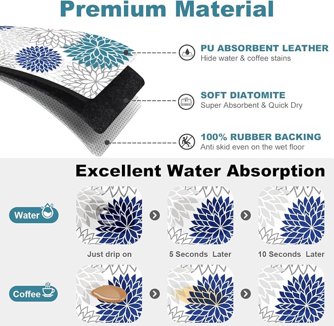 Findosom 2PCS 16" x 24" Dish Drying Mat & 24" x 5.5" Sink Splash Guard, Super Absorbent & Cuttable Dish Mat Drying Kitchen Mat with Blue Floral, Hide Stain Drying Mat for Kitchen Counter