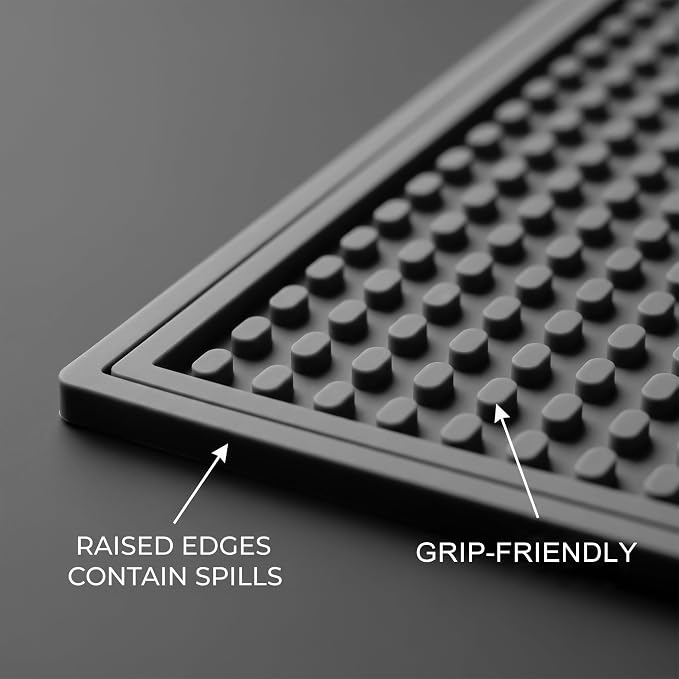 Rubber Bar Mat for Counter, Grey 4 Pack 12"x18" grip-friendly Coffee Bar Mat, Heat Resistant & Spill-proof Countertop Protector Mat for Kitchen, Home Bar, Coffee Station, Easy Clean Dish Drying Mat
