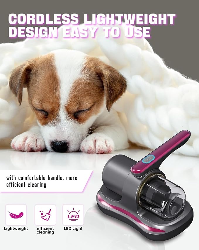 Cordless Mattress Vacuum Cleaner with UV Light Handheld Bed Vacuum with Ultrasonic & Heating Tech, 2 HEPA Filters, Strong Suction for Mattress, Sofa, Carpets, Pet Hair (Red)