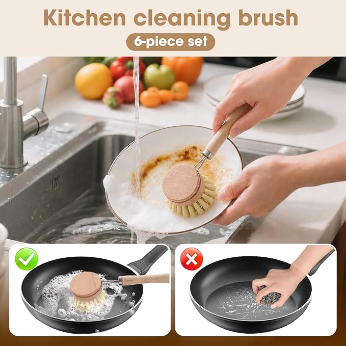 6 Pack Bamboo Dish Brush & Sponge Set, Wooden Handle Kitchen Scrub Brushes with Natural Sisal & Palm Fiber Heads, Multi-Purpose Dishwashing Cleaner for Dishes, Pots, Bottles, Vegetables