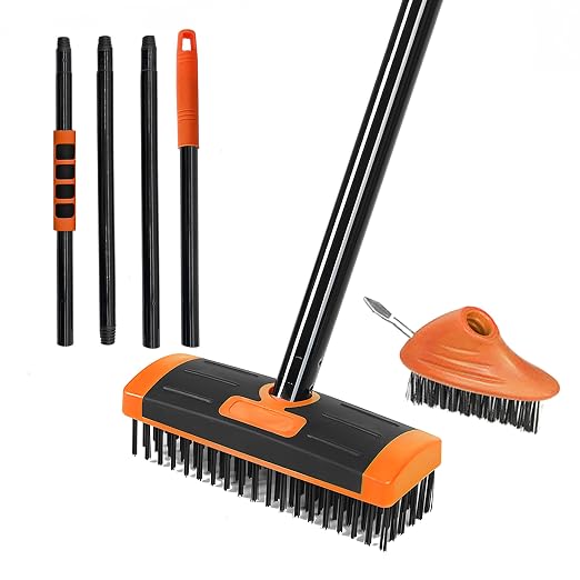 3 in 1 Scrub Brush with Long Handle – Your All-Purpose Deck Brush, Weeding Tool & Concrete Scrubber Tackle Patio Weeds, Floor Stains, Moss, and Rust with one Versatile Set. (Orange)