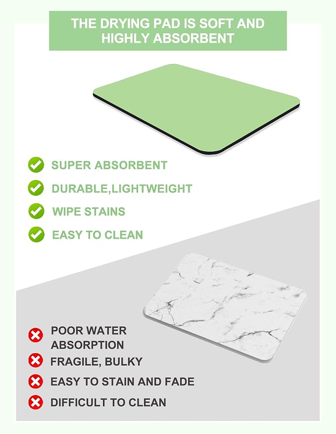 Dish Drying Mat for Kitchen Counter,Dish Drying Pad with Non-slip Rubber Backed, Hide Stain Anti Absorbent for Kitchen Counter, Drying Mat for Coffee Machine Dish Rack (Green, 17" x 31.5")