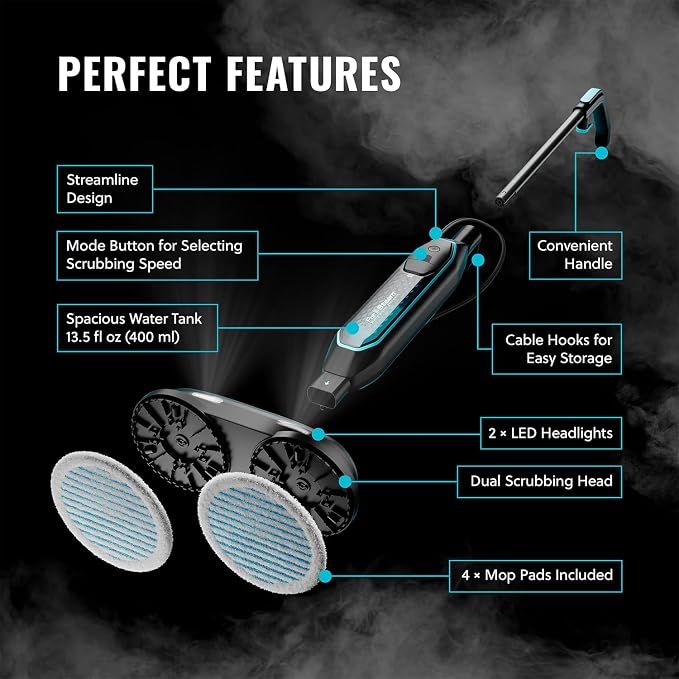 PurSteam ScrubMaster Steam Mop with Dual Scrubbing Head and LED Lights | Dual Scrubbing Head | LED Headlights | Adjustable Steam Control | Anti-Slip Swivel Head | Cable Holder | Upright Lock