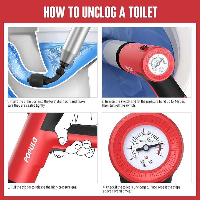 POPULO Electric Toilet Plunger, Air Powered Toilet Clog Remover, Heavy Duty Power Plunger, High Pressure Drain Unclogger for Household Toilets, Electric Drain Clog Remover with Built-in Air Pump