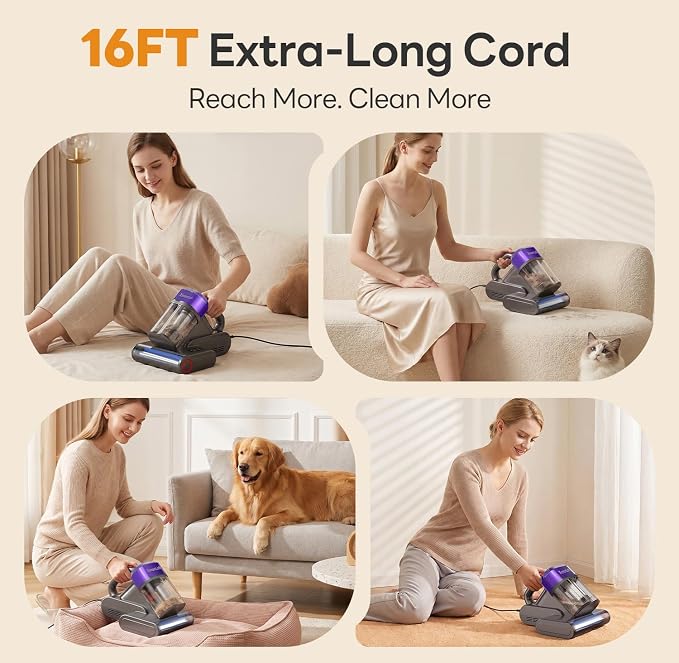 Mattress Vacuum Cleaner, 18000Pa Bed Vacuum Cleaner, 275nm UV-C Light & Ultrasonic 140°F Heat with High-Speed Deep Tapping, Versatile Handheld Vacuum for Bed, Sofa, Couch, Crib（Corded）