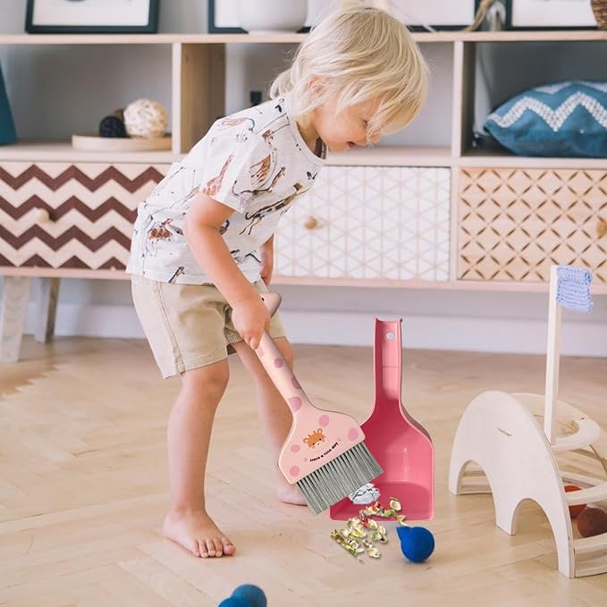 Mini Broom and Dustpan Set Cartoon Small Broom with Dustpan Combo Set Cute Cleaning Kit for Home Office Floor (Pink)