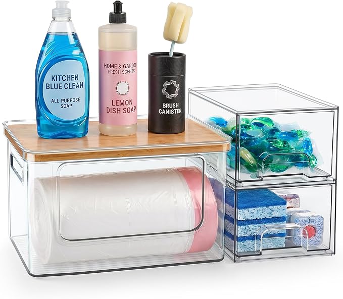Hudgan Under Sink Organizers 3 in 1, Stackable Acrylic Bathroom Storage, Trash Bag Dispenser and Dishwasher Pods Holder for Kitchen and Laundry Room Organization
