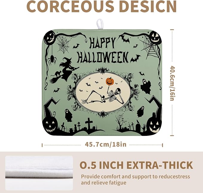 Happy Halloween Dish Drying Mat for Kitchen Counter 16x18 Skull Pumpkin Witch Spider Web Bat Ghost Drying Mats Green Black Absorbent Microfiber Dish Drainer Rack Pad for Coffee Bar