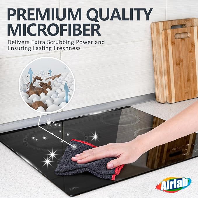 Airlab Glass Polishing Streak Free Miracle Cleaning Cloth, Grey-Red | Lint Free Microfiber Cleaning Rags for Glasses Kitchen Dish Mirrors Easy Clean, 12 x 12 Inches, Pack of 6