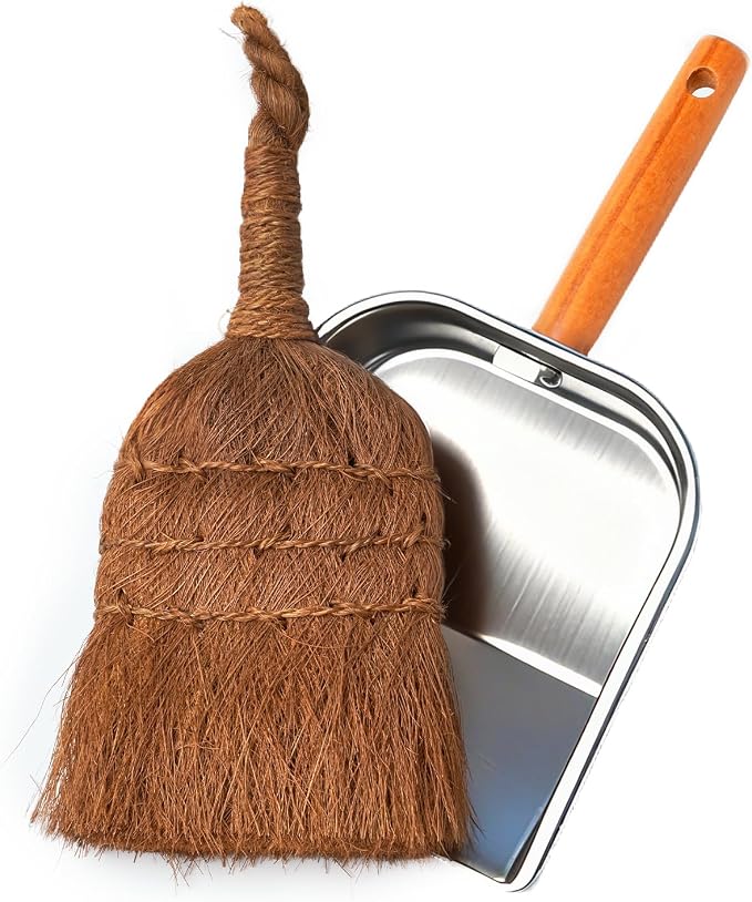 Mini Dustpan and Brush Set, Palm Fiber Handheld Small Broom and Metal Dustpan Combination (Small Broom)