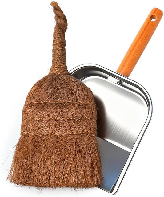 Mini Dustpan and Brush Set, Palm Fiber Handheld Small Broom and Metal Dustpan Combination (Small Broom and Dustpan)
