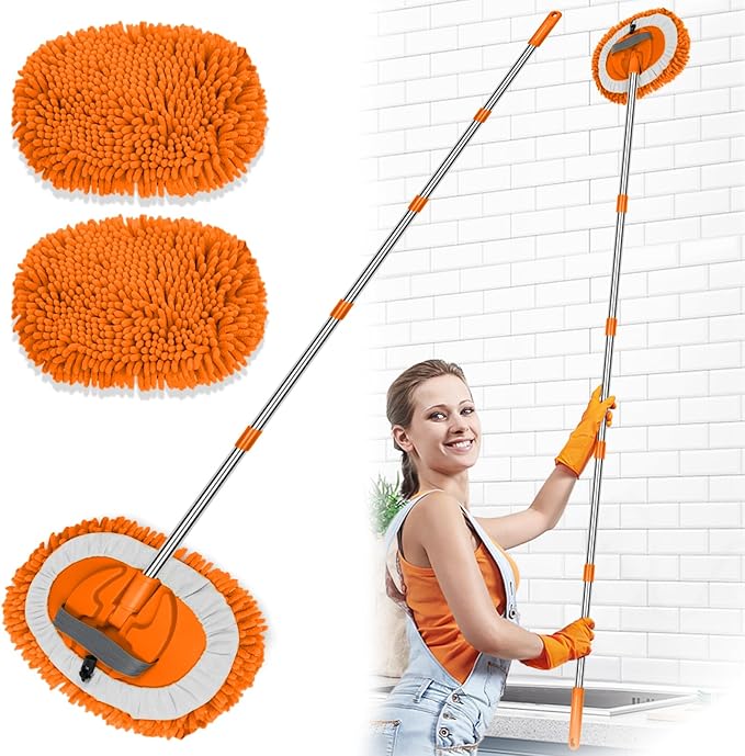 2 in 1 Lightweight Wall Cleaner Mop with Long Handle 75" 190cm Lint-Free Chenille Duster Mop for Kitchen Baseboard Floor Ceiling Glass Window Roof Adjustable Cleaning Brush Tool, 2 Replacement Heads