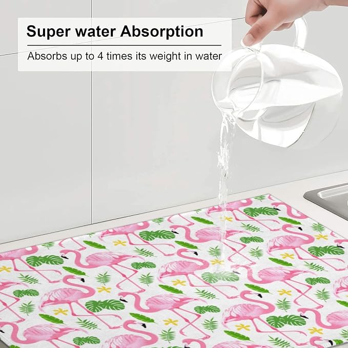 Pink Flamingo Leaf Dish Drying Mat For Kitchen Counter, Super Absorbent Microfiber Dish Drying Pad, Kitchen Gadgets For Easy Clean Multi-Use Large 18"x24"