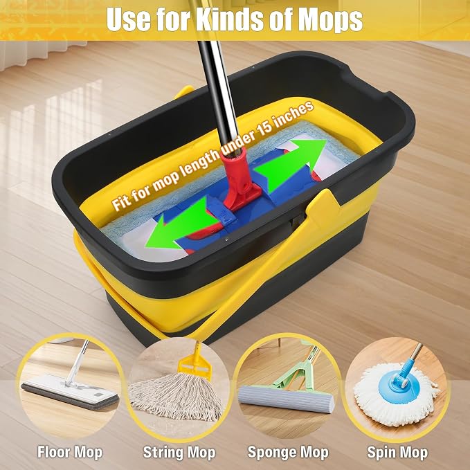 Collapsible Mop Bucket for Cleaning with Handle, Square Foldable Bucket | Silicone Wash Bucket for Windows Cleaning, Car Washing,Portable Plastic Water Bucket for Storage Household Use, 3-Gallon