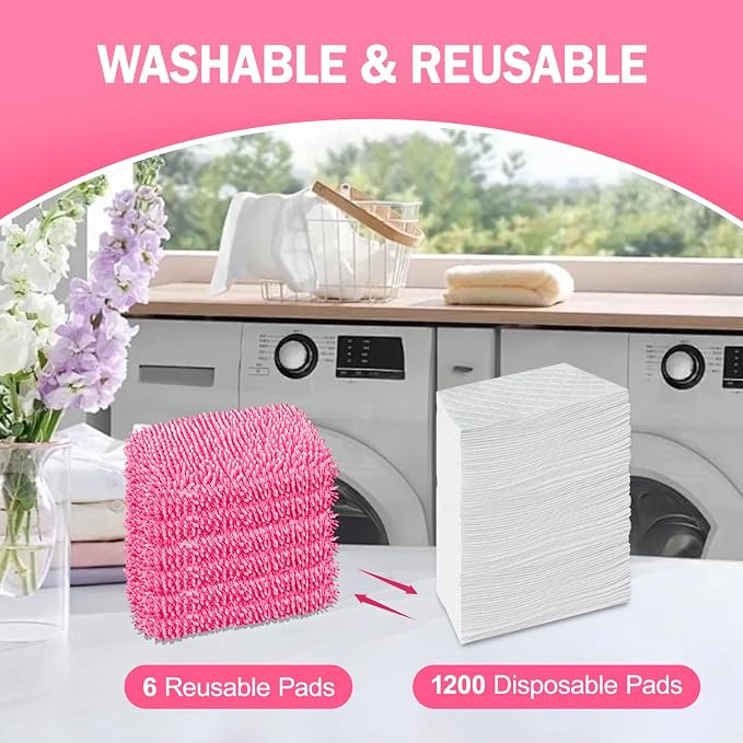 6 Pack Reusable Mop Pads Compatible with Swiffer Sweeper, Dry Sweeping Cloths & Wet Mopping Cloths - Microfiber Mop Pads for Hardwood Floors, Floor Cleaning, Wood Floors (Pink)