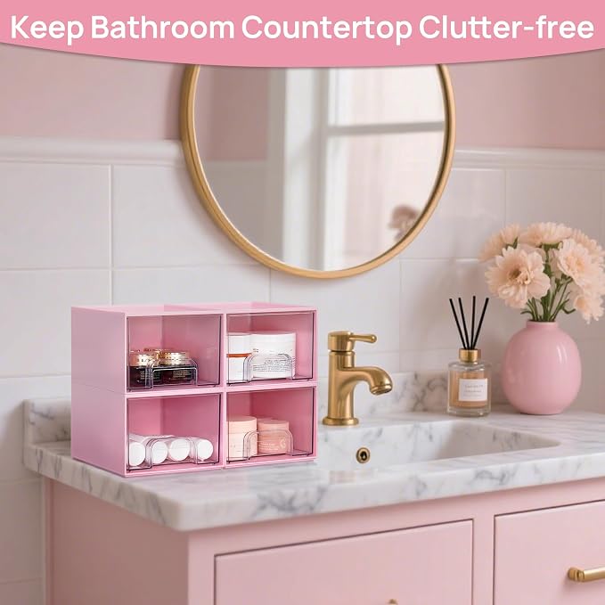 Vtopmart 4 Pack Small Clear Stackable Storage Drawers, Acrylic Bathroom Makeup Organizer, Plastic Storage Bins for Vanity, Undersink, Kitchen Cabinets, Pantry, Home Organization,Pink