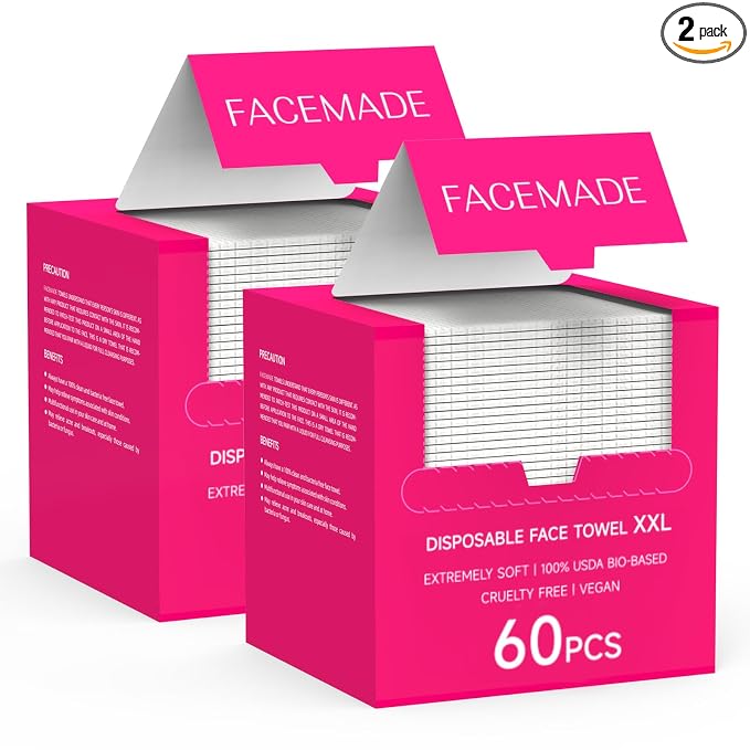 FACEMADE 120 Count XXL Disposable Face Towels 12" × 12", 100% USDA Biobased Face Towelettes Disposable, Clean Facial Towels for Makeup and Clean Skin, Super Soft and Thick Dry Wipes Club