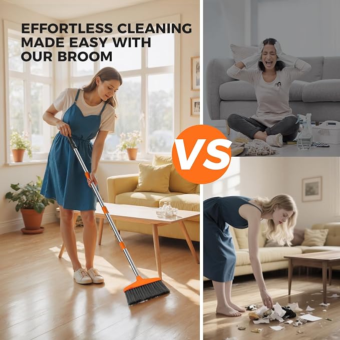 Handy Broom 2 Pack, Indoor/Outdoor Brooms, Duty Kitchen Broom, for Home Garage Kitchen Office Courtyard Lobby Patio Lawn Concrete (2, Orange)