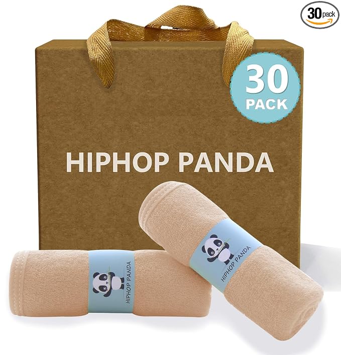 HIPHOP PANDA Baby Washcloths, Rayon Made from Bamboo - 2 Layer Ultra Soft Absorbent Newborn Bath Face Towel - Reusable Baby Wipes for Delicate Skin - Brown, 30 Pack