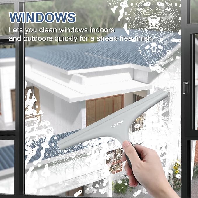 Shower Squeegee for Glass Doors, 10 in Bathroom Squeegee for Shower Glass | Silicone Glass Squeegee for Tile Shower Walls/ Windows/ Mirrors/ Car, Ergonomic Streak Free Shower Squeegees, Adhesive Hook
