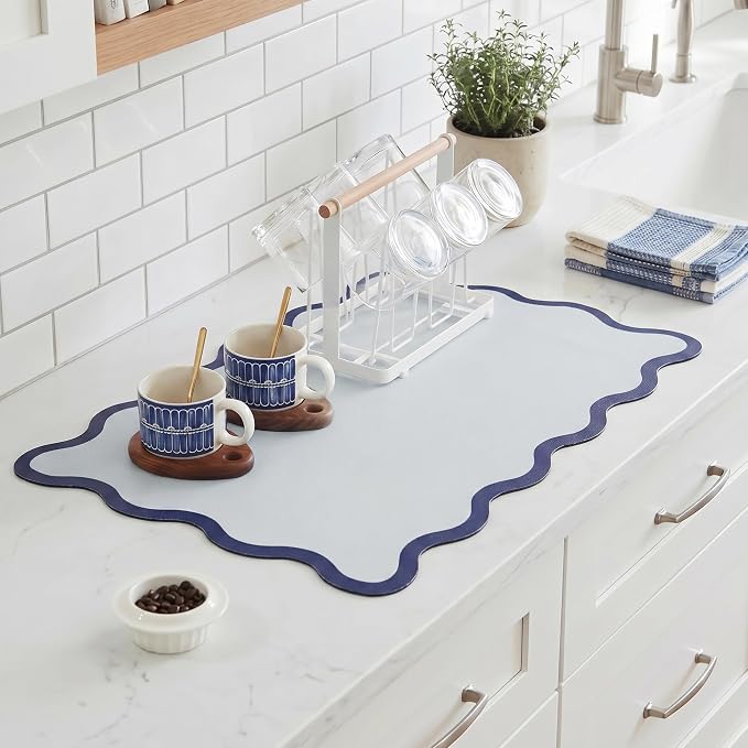 Scalloped Dish Drying Mat for Kitchen Counter, Absorbent Easy Clean Non-slip Coffee Bar Station Accessories, Trendy Cute Aesthetic Modern Drainer Kitchen Drying Mat, Navy Blue 12" x 19"