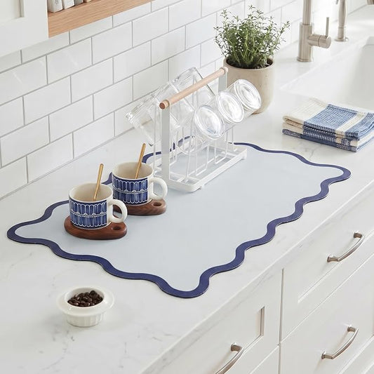Scalloped Dish Drying Mat for Kitchen Counter, Absorbent Easy Clean Non-slip Coffee Bar Station Accessories, Trendy Cute Aesthetic Modern Drainer Kitchen Drying Mat, Navy Blue 12" x 19"