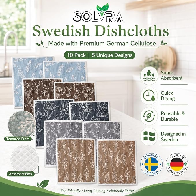 10 PCS Leaf Print Swedish Dishcloths for Kitchen 100% Biodegradable, Reusable Cellulose Sponge Cloths Ultra Absorbent, Eco Friendly Cleaning Towels Dishcloths for Washing Dishes & General Cleaning