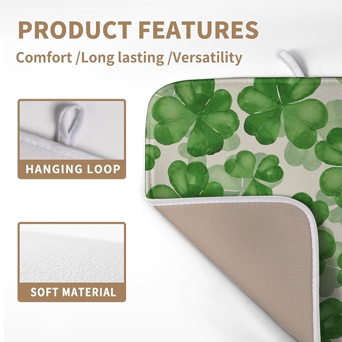 Green Clover Shamrock Dish Drying Mats for Kitchen Counter 16x18 In Happy St. Patrick's Day Lucky Clovers Dish Drainer Mats Spring Sage Leaf Microfiber Drying Pad Dish Dryer Mat for Coffee Bar
