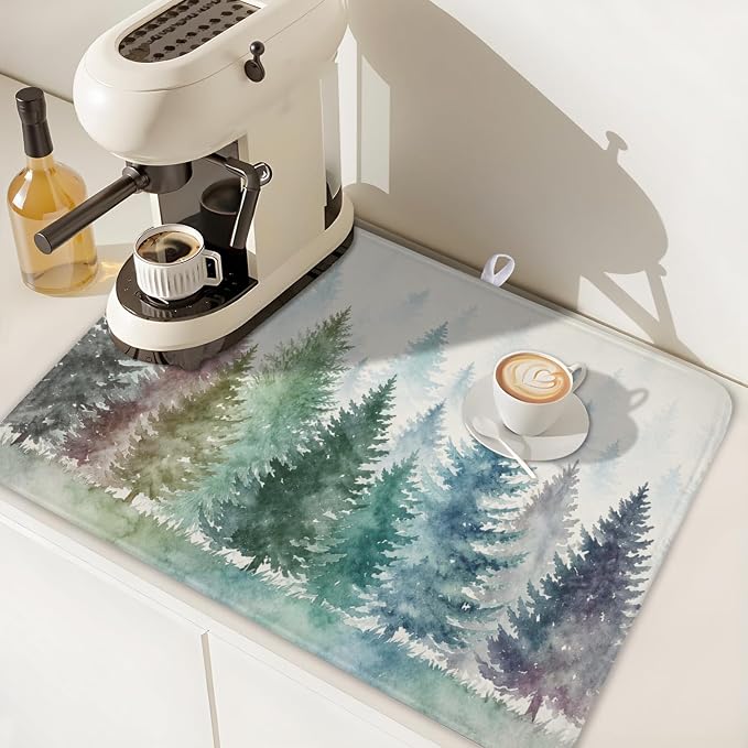 Giwawa Pine Tree Dish Drying Mat Natural Forest Fog Microfiber Dishes Pad 18x24 Inch Absorbent Fast Dry Dish Drainer Rack Mats for Kitchen Counter
