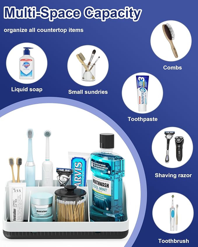 Bathroom Counter Organizer and Storage, 7 Slots Detachable Toothbrush Holders for Bathrooms, Anti-Slip Electric Toothbrush and Toothpaste Holder Countertop Vanity Organizer Accessories for Adults Kids