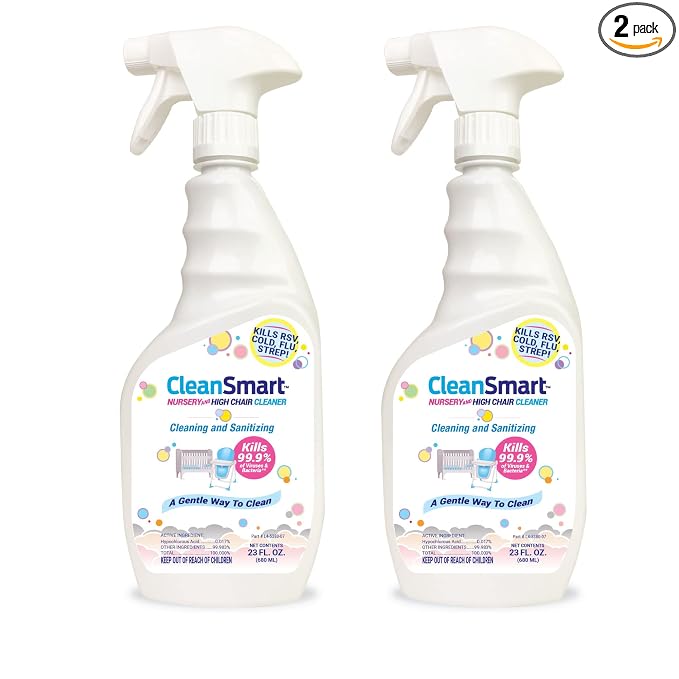 CleanSmart Nursery & High Chair Cleaner, 23 Ounce Bottle (Pack of 2), Hypochlorous Naturally Kills 99.9% of Viruses like RSV & Flu with Zero Residue