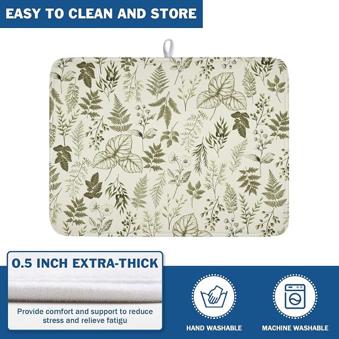 Vintage Botanical Floral Dish Drying Mat for Kitchen Counter Sage Green Herbs Fern Leaves Plant Microfiber Dish Drainer Mat Absorbent Washable Drying Pad Extra Large 18"x24"