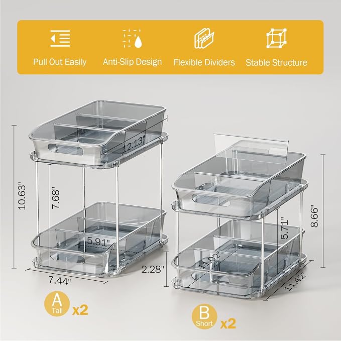 Delamu 2-Tier Under Sink Organizers and Storage, Multi-Purpose Stackable Bathroom Cabinet organizers, Pull Out Kitchen Pantry Organization and Storage with Dividers(4 Pack, Grey)