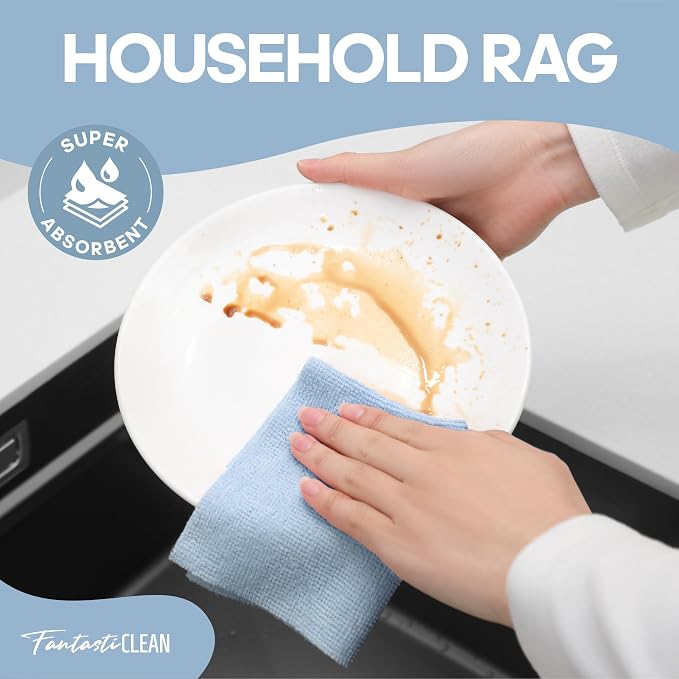 Fantasticlean Microfiber Cleaning Cloth Roll -60 Pack, Tear Away Paperless Towels, 8" x 8", Reusable Washable Rags, for House Kitchen, Pet, Office, Indoor Outdoor, Compact and Portable (Baby Blue)