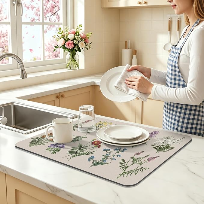 LOKHOM Dish Drying Mat for Kitchen Counter, 16"x24" Absorbent Coffee Bar Mat with Vintage Sage Flower Herbs, Dish Drainer Rack Mat for Kitchen Counter