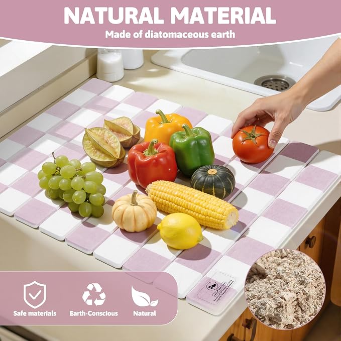 Yamaziot Large Stone Drying Mat for Kitchen Counter, 15.3"x24" Foldable Ultra Absorbent Stone Drying Mat, Quick-Dry Diatomaceous Earth Mat, Non-Slip Heat Resistant Mat for Dishes, Cups, Bottles, Pink