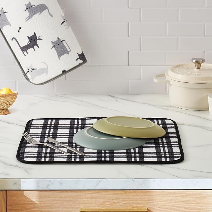 FRESHMINT Printed Dish Drying Mat Set for Kitchen Counter Absorbent Reversible Drying Mats Microfiber Kitchen Countertop Protector Dishes Pad 2 Pack Large Dish Drainer Rack Mat, 18" x 16"