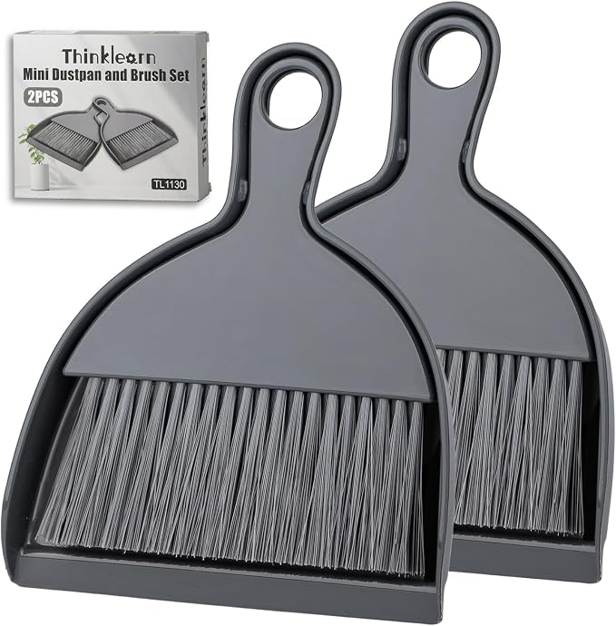 THINKLEARN 2PCS Small Dust Pan and Brush Set, Mini Broom Dustpan Kit | Portable Brush Dustpan Combo Set, Dark Gray Cleaning Supplies