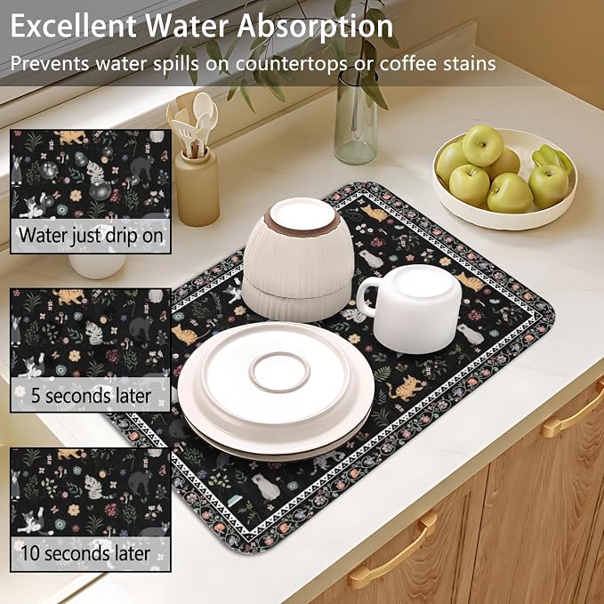 Dish Drying Mat 2-Pack in Vintage Cat Floral for Kitchen Counter Dishes Mat | Diatom Mud Mats (18x24, 19.5x12"). Non-slip rubber back for kitchen counter, coffee bar & sink scenes
