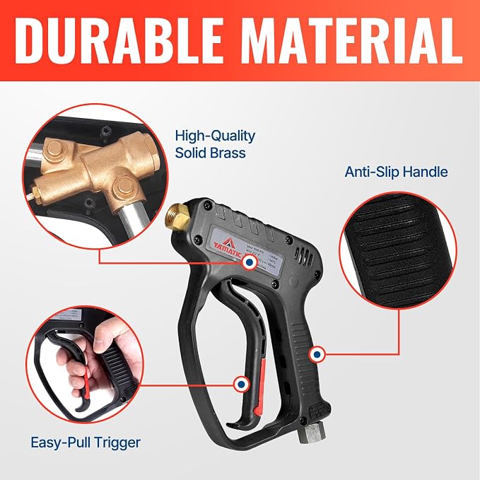 YAMATIC Pressure Washer Gun Stainless Steel Quick Connect | 5000PSI | 3/8" & M22-14 Fitting, Power Washer Stubby Trigger Handle with 1/4" Quick Connect for Foam Cannon Car Wash