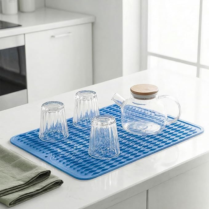 MicoYang Silicone Dish Drying Mat — Quick-Dry Ridges Counter & Sink Pad, Heat-Resistant Trivet to 450°F, Non-Slip & Dishwasher Safe, Roll-Up Storage, 18 Colors & 9 Sizes (Lichen Blue, 16"×12")
