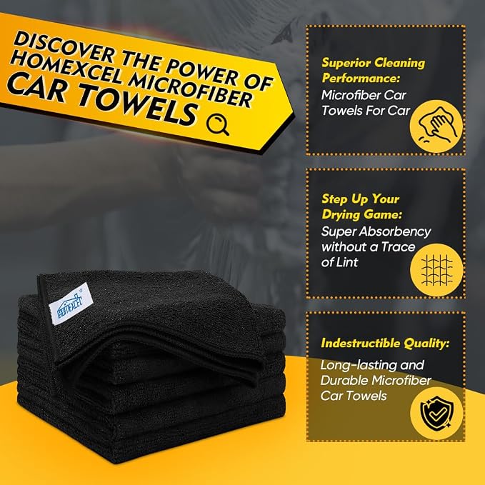 HOMEXCEL Black Microfiber Cleaning Cloth 6 Pack, 12.5 x 12.5 inch Microfiber Towels for Cars, Ultra Absorbent Car Washing Cloth, Lint Free Streak Free Cleaning Rags for Car, Kitchen, and Window