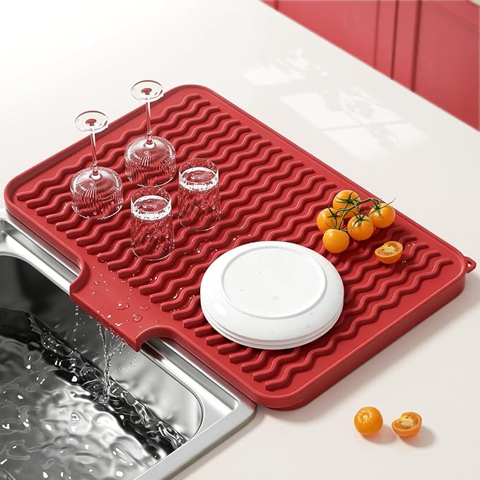 Rnivvi Silicone Dish Drying Mat for Kitchen Counter, 16 x 12" Drainer Pad with Drainage Spout, Non-Slip Countertop Protector Heat Resistant Trivet, Kitchen Decor Mat Sink Drip Pad for Dishes, Red