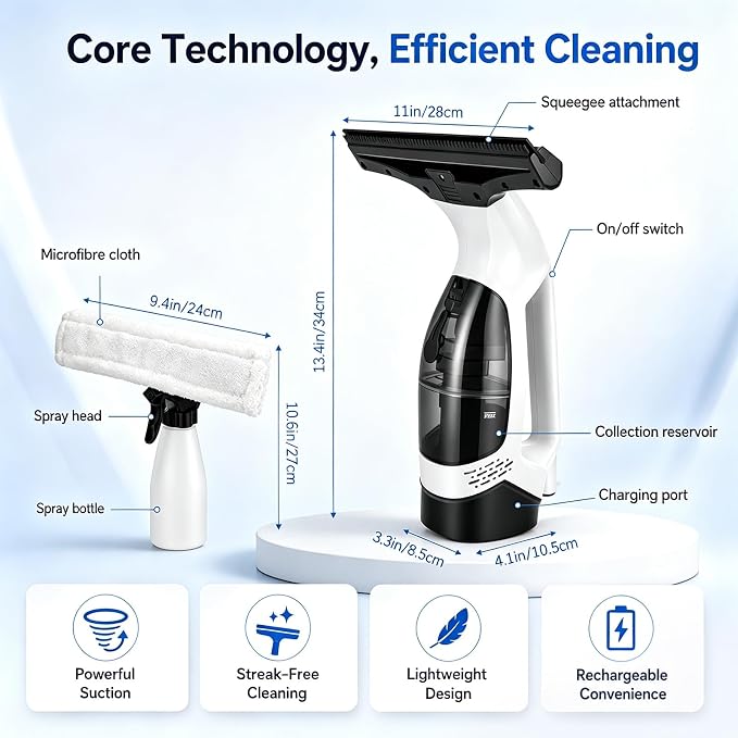 Window Vacuum Squeegee Cordless, 2000Pa Electric Window Cleaner Tool, 150ml Tank, 2200mAh Electric Window Glass Squeegee 280mm Wide Blade, 150ml Tank, Window Cleaning Kit for Glass Mirror Tile Car