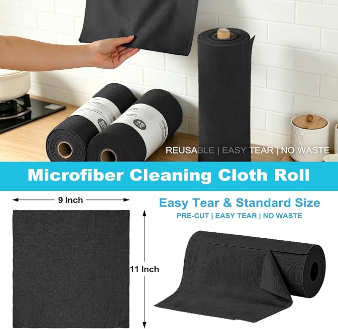 Puomue 55 Pack Microfiber Cleaning Cloth Roll, Tear Away Reusable Paper Towels, 11" X 9", Ultra Absorbent & Lint Free Microfiber Cloth for Cleaning Cars, Kitchen, Window, Home and Shop, Black