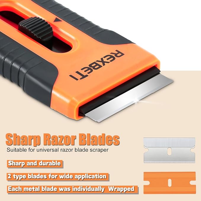 REXBETI Razor Blade Scraper Tool, 2 Pack Razor Scraper Set with Extra 80Pcs Razor Blades -30Pcs Metal and 50Pcs Plastic Blades, Cleaning Scraper Tool, Cooktop, Paint, Glass Scraper