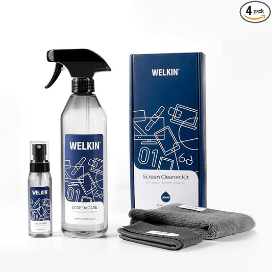 WELKIN Screen Cleaner Spray Kit, 18.6 oz + 2 oz for TV, Laptop & Phone | Fine Mist Spray for Screens, Gentle Formula, Streak-Free Cleaning, Anti-Static, Includes 1 Microfiber Cloth & 1 Glass Wipe