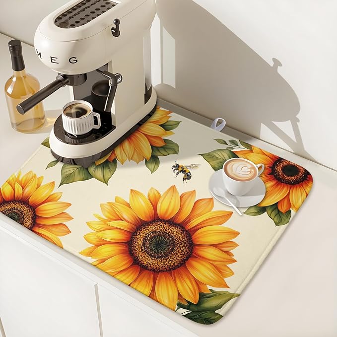 Sunflower Dish Drying Mat 18x24 Inch Absorbent Reversible Summer Drying Mat Sunflower Bee Dish Drying Rack Mat Yellow Summer Themed Dish Drainer Mat for Kitchen Counter Coffee Bar